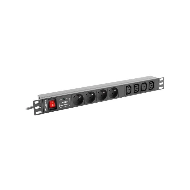 Jednostka dystrybucji zasilania LANBERG PDU-04E04I-0200-BK — 4× gniazda C13, 16 A, 220–250 V, kabel 2 m, 1U pozioma, czarna