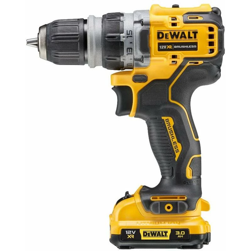 Wiertarka pistoletowa DeWalt DCD703L2T-QW — 12V, 3,0Ah x2, 1500 obr./min, uchwyt bezkluczykowy 10 mm, 25,5 N·m, 0,9 kg