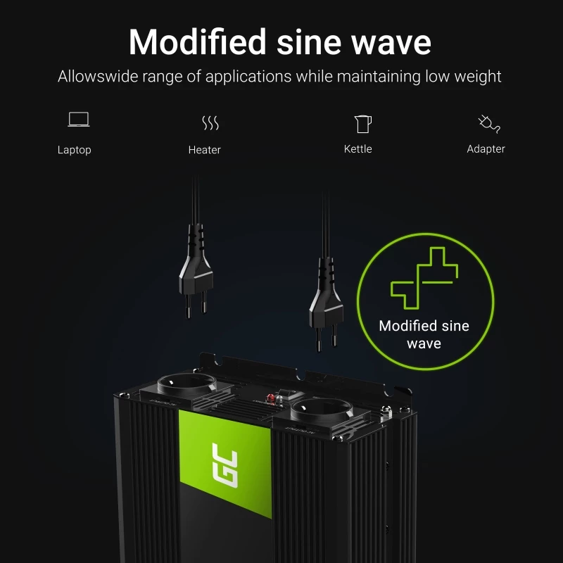 Przetwornica napięcia zielony Cell INV10 2000 W, 12 V DC na 230 V AC, wyjście typu C, 50 Hz, czarna