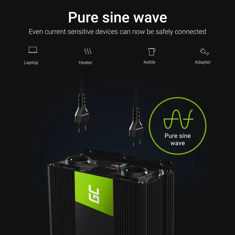Przetwornica samochodowa zielony Cell INV21 6000 W, 24V DC-na-AC, wyjście 230V, 2x USB PD, aktywne chłodzenie, odłączane złącza DC, czarna