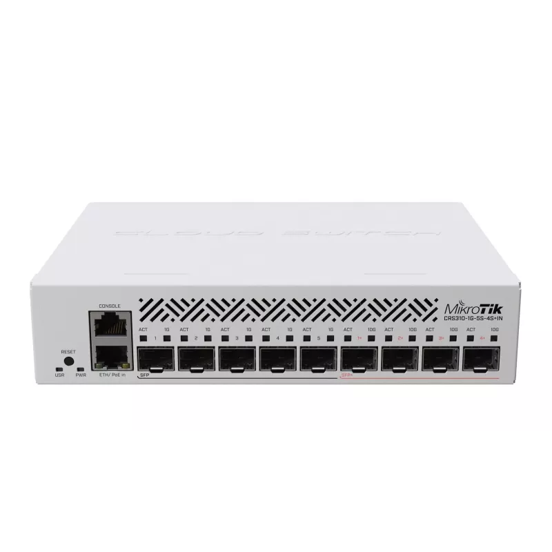 Zarządzalny przełącznik sieciowy L3 MikroTik CRS310-1G-5S-4S+IN — 1U, 1x Gigabit, 5x SFP, 4x SFP+, 10G, DC/PoE 18–57V, maks. 20W