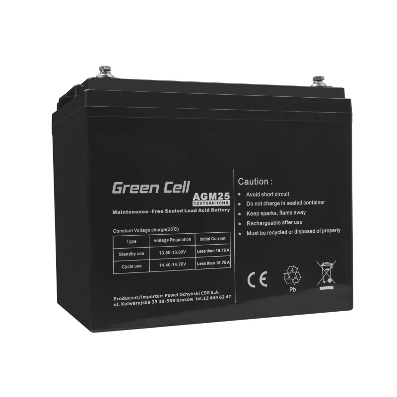 Akumulator UPS zielony Cell AGM25 12 V 75 Ah, VRLA, bezobsługowy, AGM, 12V, 75Ah, 21,3 kg