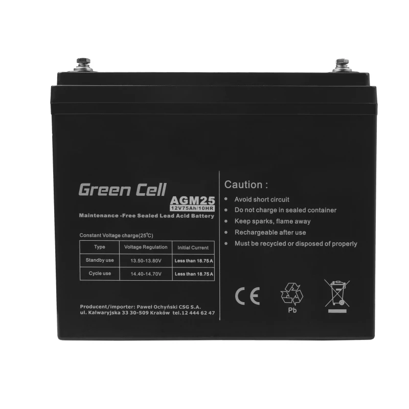 Akumulator UPS zielony Cell AGM25 12 V 75 Ah, VRLA, bezobsługowy, AGM, 12V, 75Ah, 21,3 kg