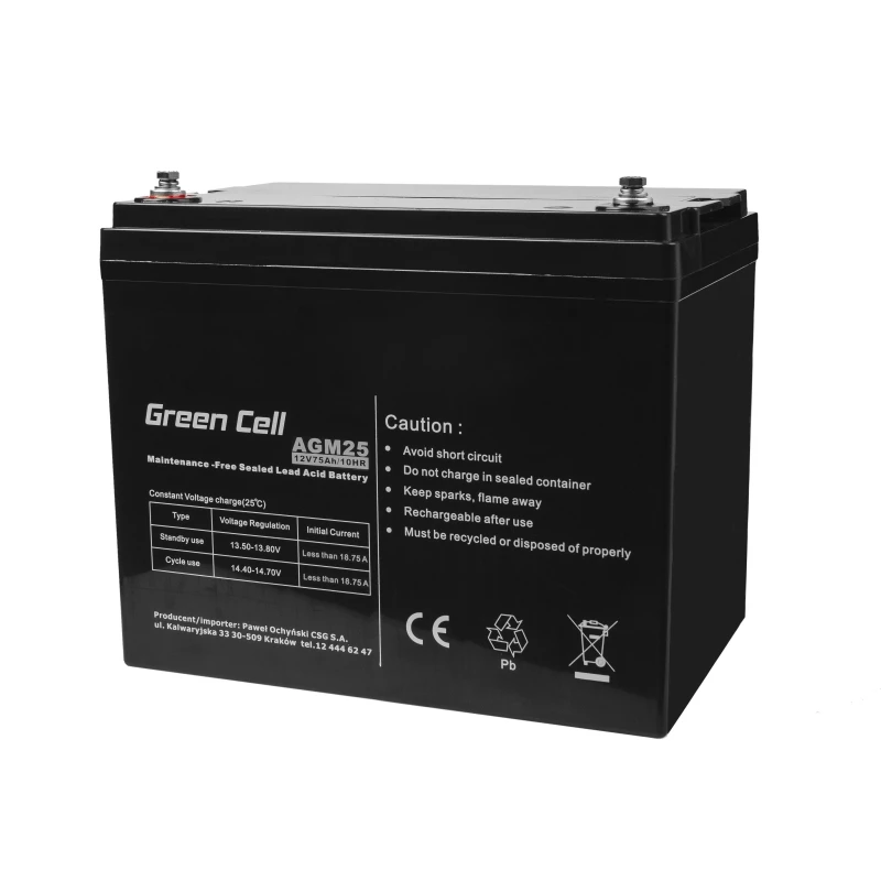 Akumulator UPS zielony Cell AGM25 12 V 75 Ah, VRLA, bezobsługowy, AGM, 12V, 75Ah, 21,3 kg