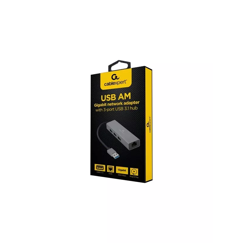 Gembird A-AMU3-LAN-01 adapter USB-A na Gigabit LAN z 3-portowym hubem USB 3.0, czarny