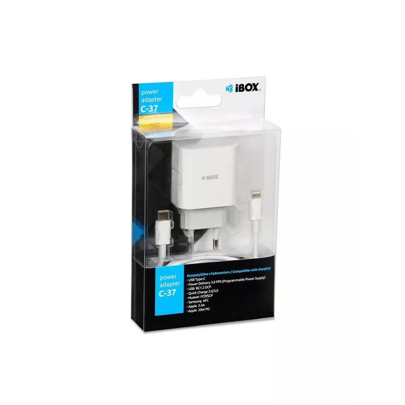 Ładowarka sieciowa USB-C Szybkie ładowanie IBOX C-37, 20 W, USB‑C PD 3.0, prąd wyjściowy 3 A, biała