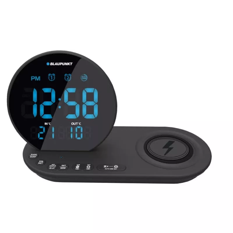 FM PLL clock radio/ALARM/USB/CR85BK CHARGE/Wireless charging/do użytku wewnętrznego/outdoor temperature/Czarny