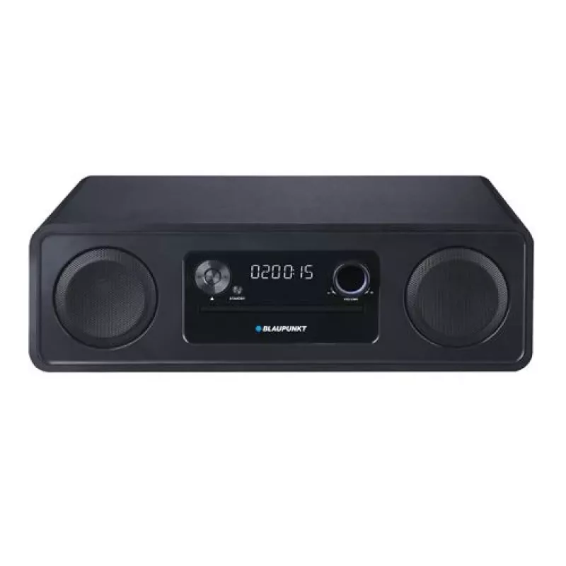 System Micro Hi‑Fi BLAUPUNKT MS20BK — CD/MP3/WMA, Bluetooth 5.0, FM, USB, MicroSD, 2×20W RMS, AUX, RCA, wyświetlacz LED, 100–240V, czarny