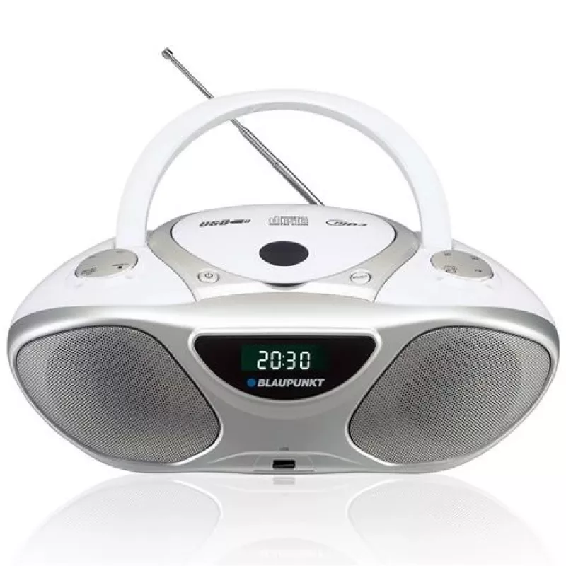 Odtwarzacz CD BLAUPUNKT BB14WH — odtwarzacz CD z odtwarzaniem MP3, USB, LCD, zegarem, głośnikami 2x1 W, srebrny/biały