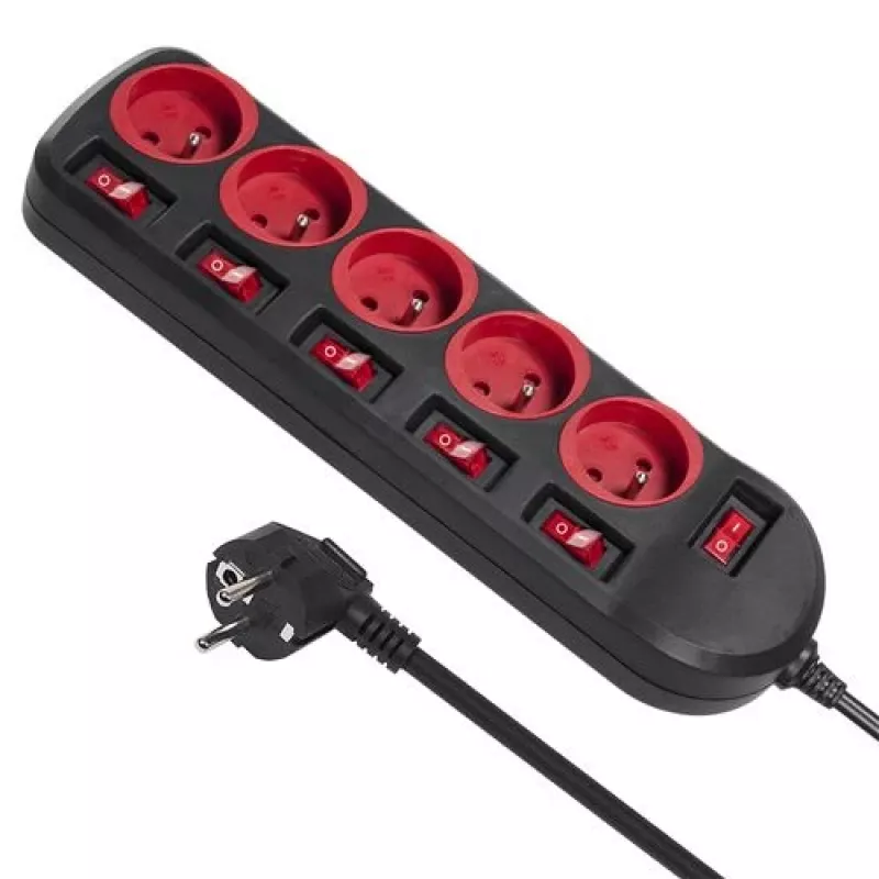 Listwa zasilająca MACLEAN MCE204, kabel 1,5 m, 5 gniazd AC, do użytku wewnętrznego, czarna/czerwona