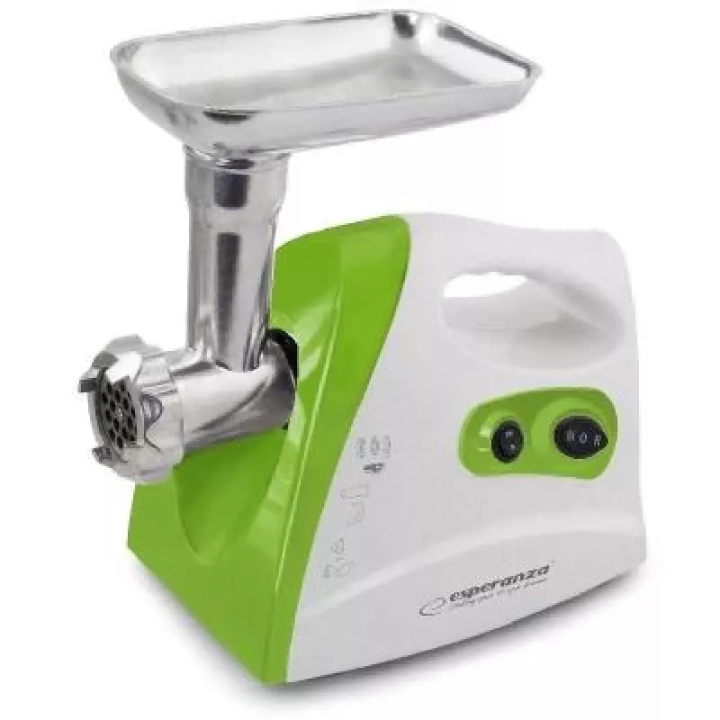 Maszynka do mielenia mięsa ESPERANZA EKM012G — 600 W, ostrze ze stali nierdzewnej, końcówka do kiełbas, nakładka do kebbe, bieg wsteczny, nóżki antypoślizgowe, biało-zielona
