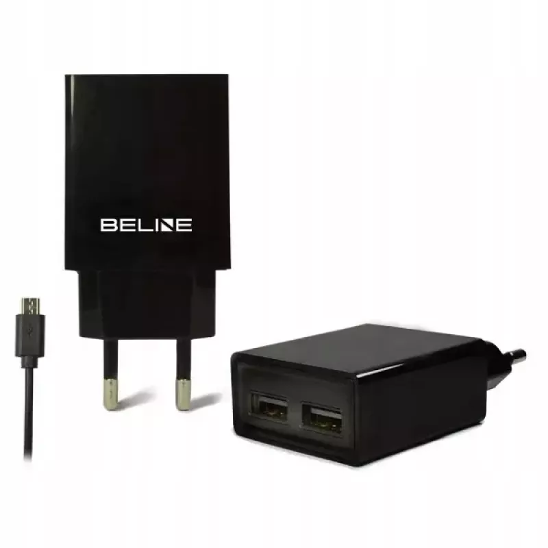 Ładowarka podróżna Beline Beli0011 — 2× porty USB, kabel microUSB, wyjście 2 A, czarna