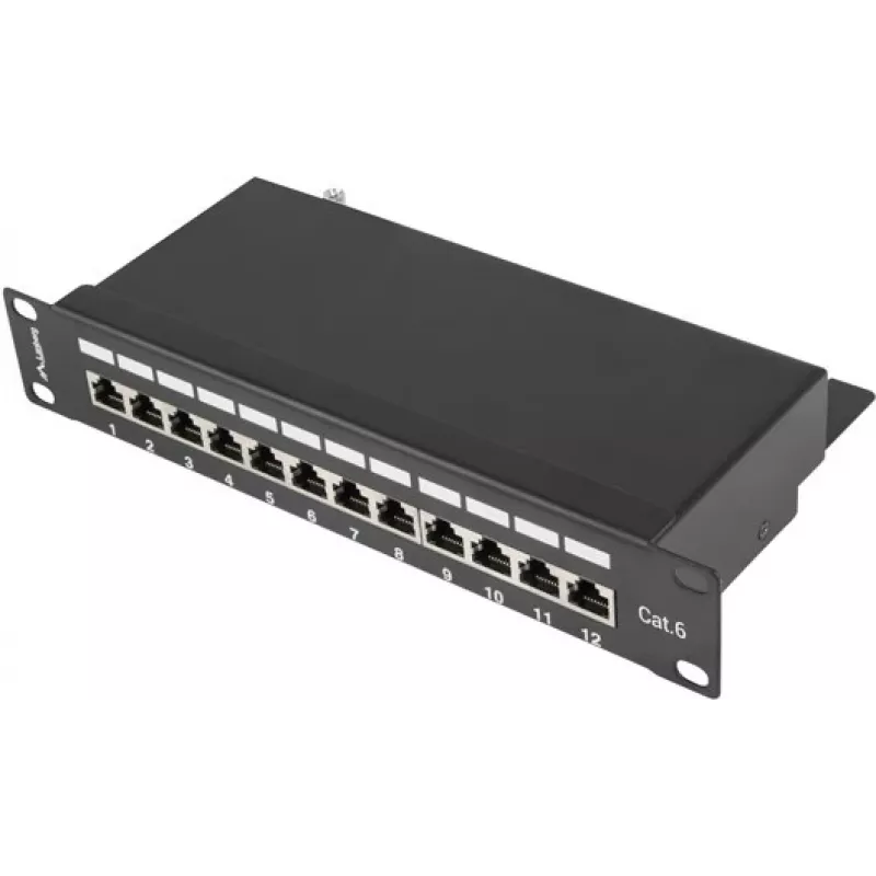 Patch panel LANBERG PPF6-9012-B — 12-portowe RJ45, metalowy, czarny, 1U (215×44,5×130 mm)