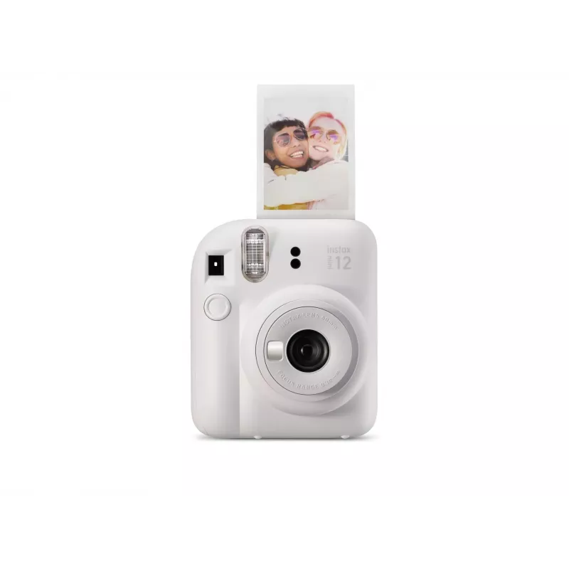 Aparat natychmiastowy Fujifilm Instax Mini 12 biały — odbitki 86×54 mm, ogniskowa 60 mm, bateria AA