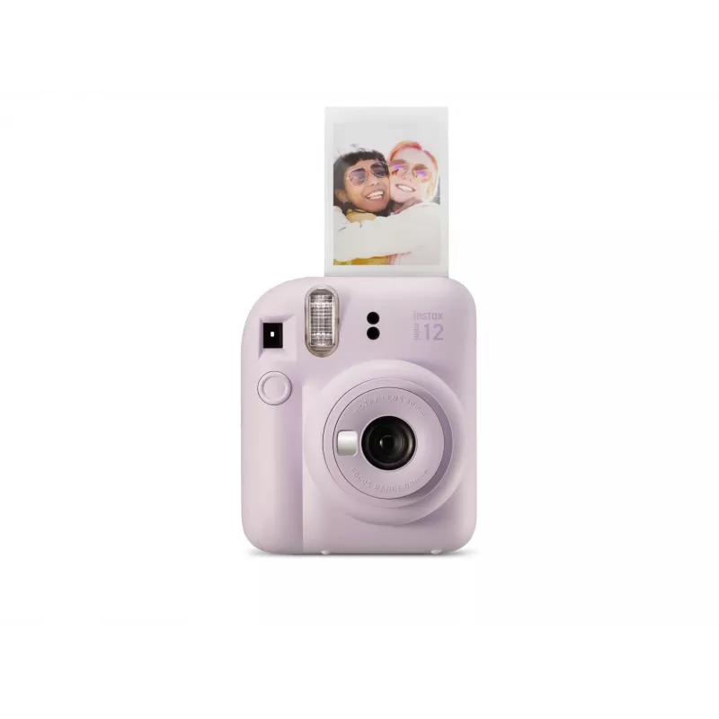 Aparat natychmiastowy Fujifilm Instax Mini 12 fioletowy — zdjęcie 86×54 mm, film 62×46 mm, ogniskowa 60 mm