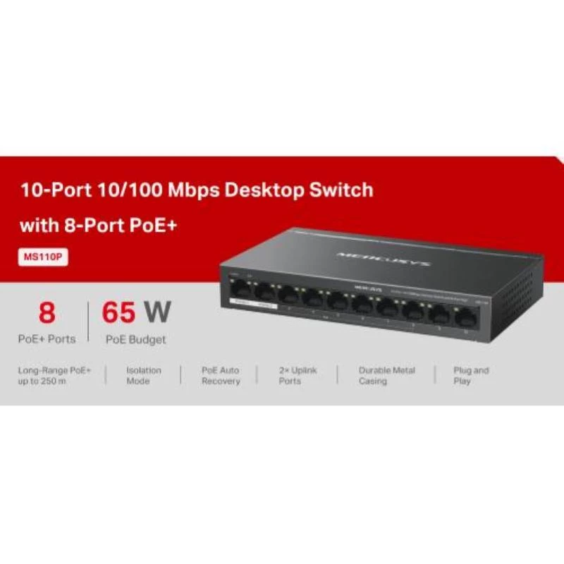 Switch Mercusys MS110P 10 Portów 10/100Mbps POE+ 8 Portów (Wersja 1.0)
