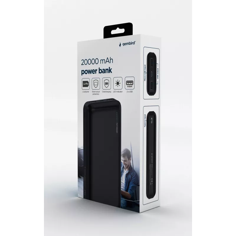 Gembird PB20-02 power bank Litowo-polimerowy (LiPo) 20000 mAh Czarny