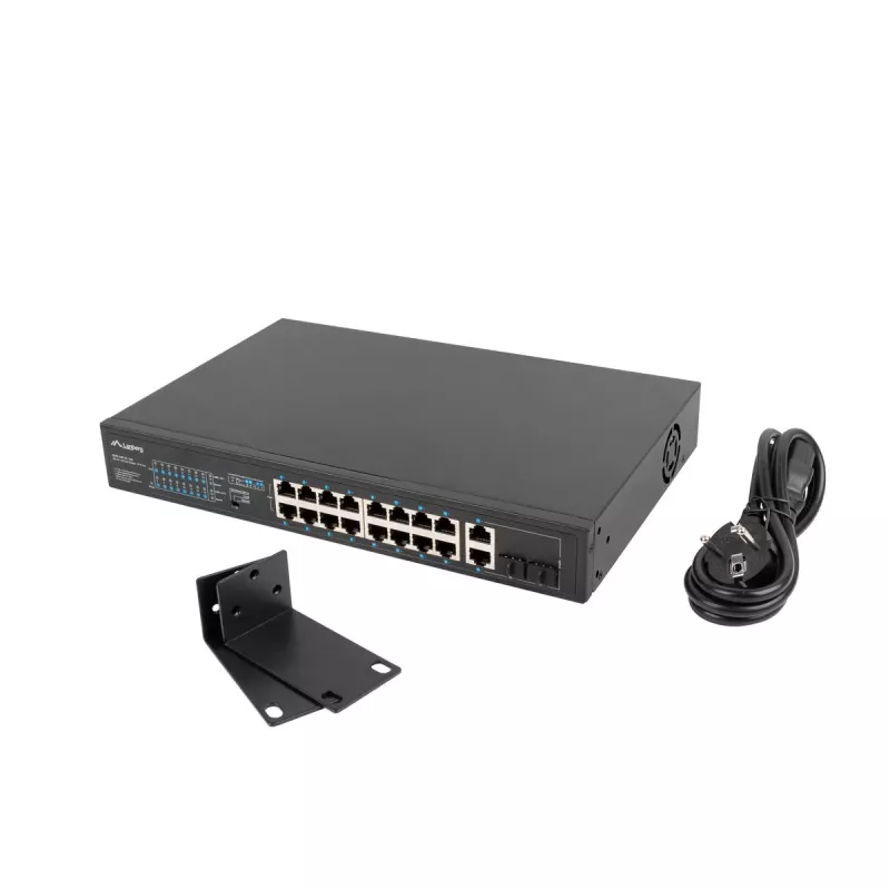 Przełącznik niezarządzalny LANBERG RSFE-16P-2C-150 — 18-portowy Gigabit, 16 PoE+/2 SFP, 150 W, 1U, metal, czarny