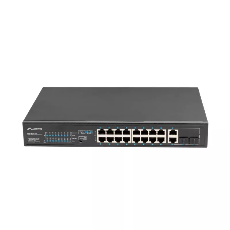 Przełącznik niezarządzalny LANBERG RSFE-16P-2C-150 — 18-portowy Gigabit, 16 PoE+/2 SFP, 150 W, 1U, metal, czarny
