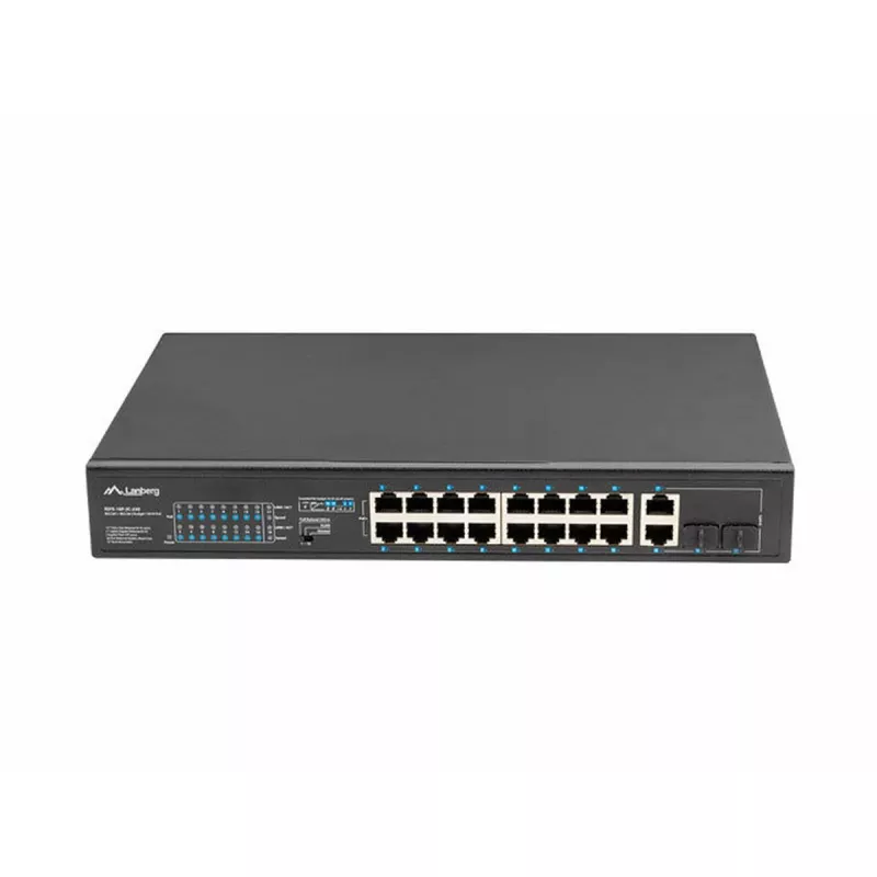 Niezarządzalny przełącznik LANBERG RSFE-16P-2C-250 — 18-portowy Gigabit, 16x PoE+ (30W), 2x SFP, 250W, 1U, metal, montaż w szafie