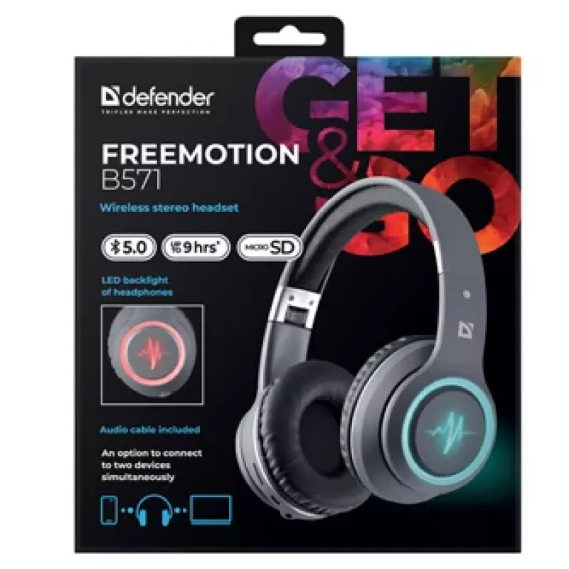 Słuchawki DEFENDER FREEMOTION B571 LED bezprzewodowe, binauralne, przetworniki 4 cm, bateria 6–8 h, zamknięta konstrukcja, 20–20000 Hz