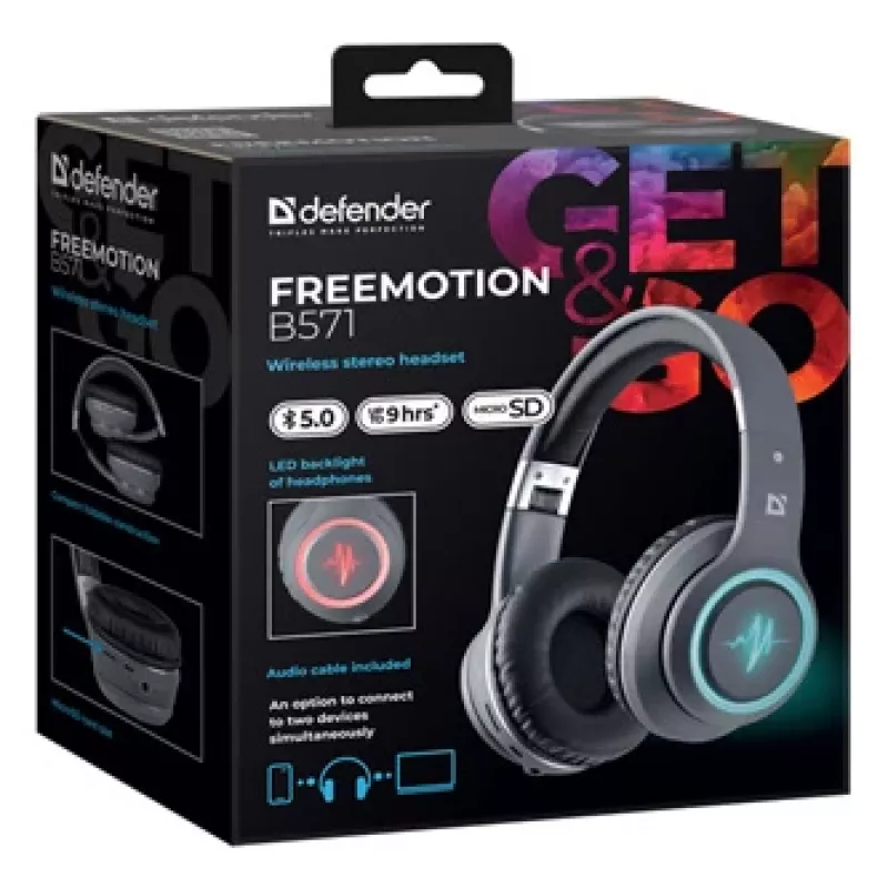 Słuchawki DEFENDER FREEMOTION B571 LED bezprzewodowe, binauralne, przetworniki 4 cm, bateria 6–8 h, zamknięta konstrukcja, 20–20000 Hz