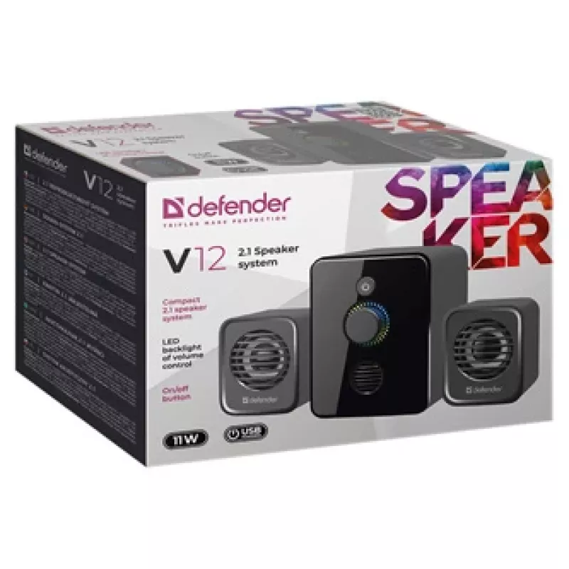 Głośniki komputerowe 2.1 DEFENDER V12 11 W RMS USB, 3,5 mm, woofer, czarny, 223×115×130 mm