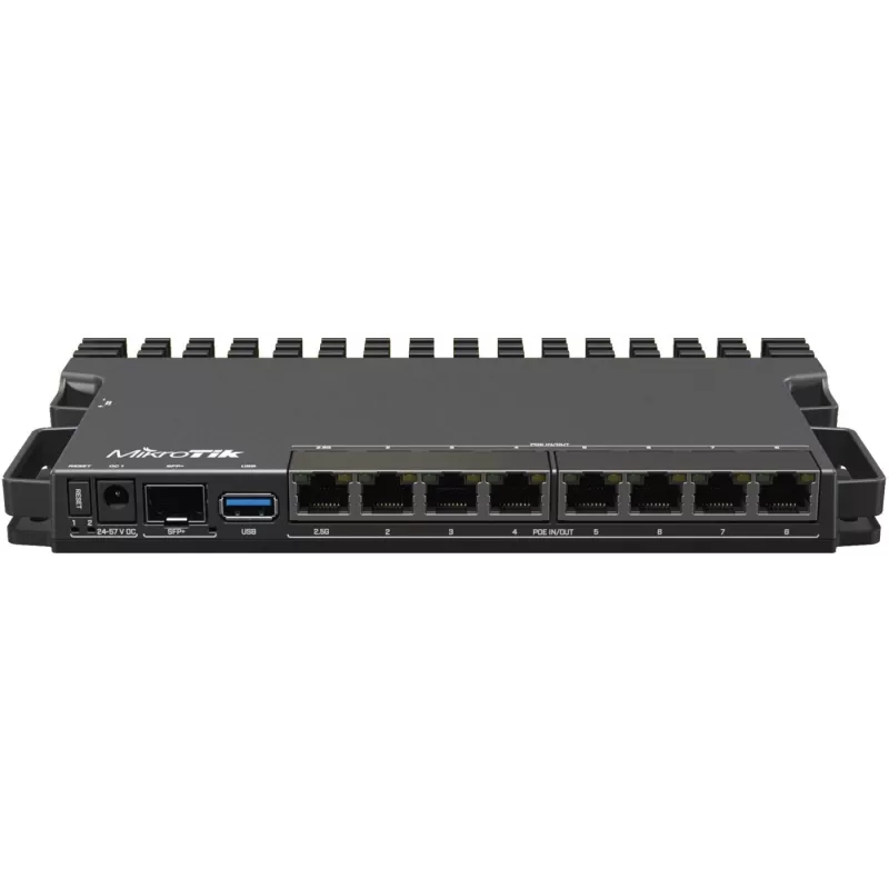 Router przewodowy MikroTik RB5009UPR+S+IN — 8x portów RJ-45 PoE, 2,5GbE, slot SFP+, RouterOS