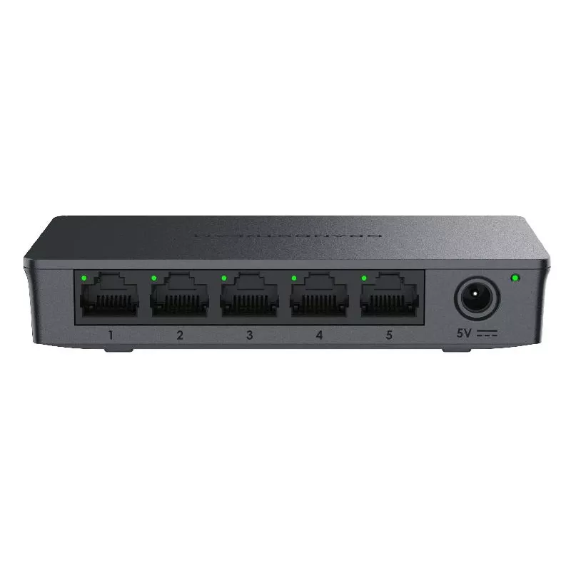 Przełącznik niezarządzalny Grandstream GWN7700 warstwy 2, 5 portów Gigabit, przepustowość 10 Gbps, QoS 802.1p, czarny, montaż na biurku/ścianie, 5 VDC