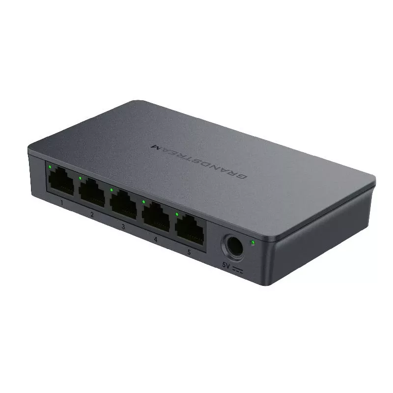 Przełącznik niezarządzalny Grandstream GWN7700 warstwy 2, 5 portów Gigabit, przepustowość 10 Gbps, QoS 802.1p, czarny, montaż na biurku/ścianie, 5 VDC