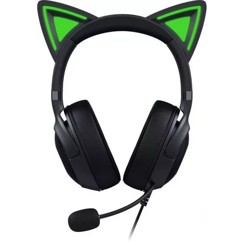 Kraken Kitty V2 – Czarny, Zestaw słuchawkowy do gier, Kocie uszy, Oświetlenie reagujące na stream, Mikrofon kardioidalny HyperClear, 40-milimetrowe przetworniki TriForce, Wbudowany w nauszniki mikrofon, Razer Chroma RGB (uszy i nauszniki), Dźwięk przestrz