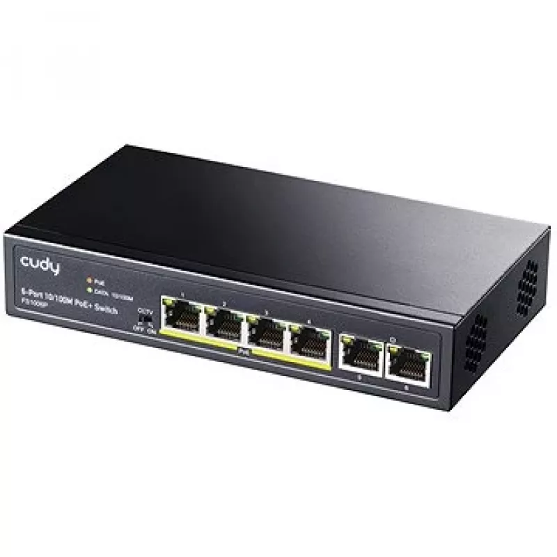 Przełącznik sieciowy Cudy FS1006P Fast Ethernet 6-portowy (4 PoE, 1 PoE+) 10/100 Mbps, przepustowość 1,2 Gbit/s, obudowa metalowa, montaż w szafie rack/na ścianie