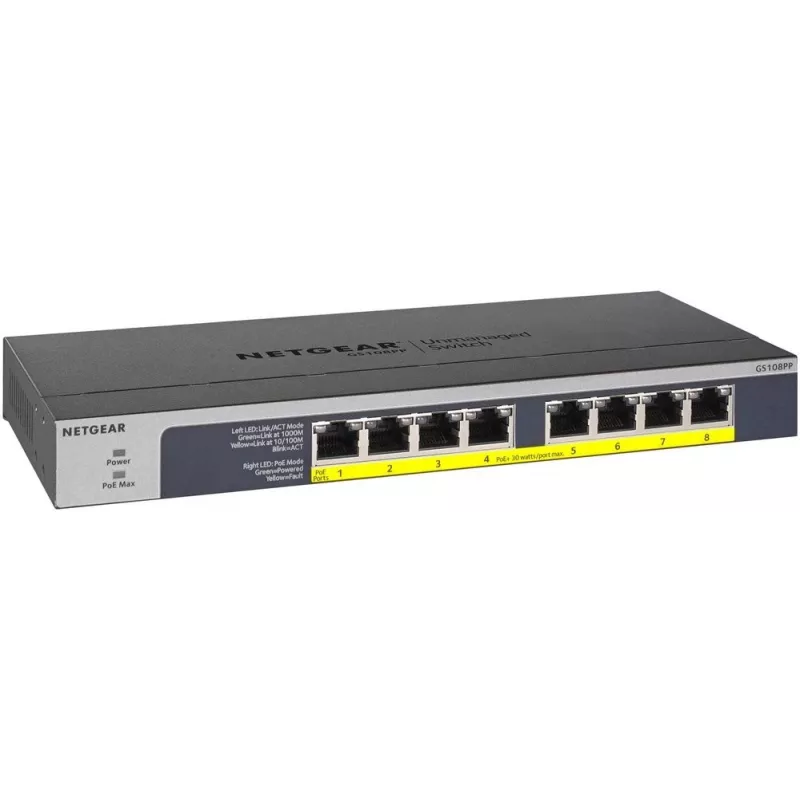 NETGEAR GS108PP Niezarządzalny przełącznik Gigabit Ethernet (10/100/1000) Power over Ethernet (PoE) Czarny