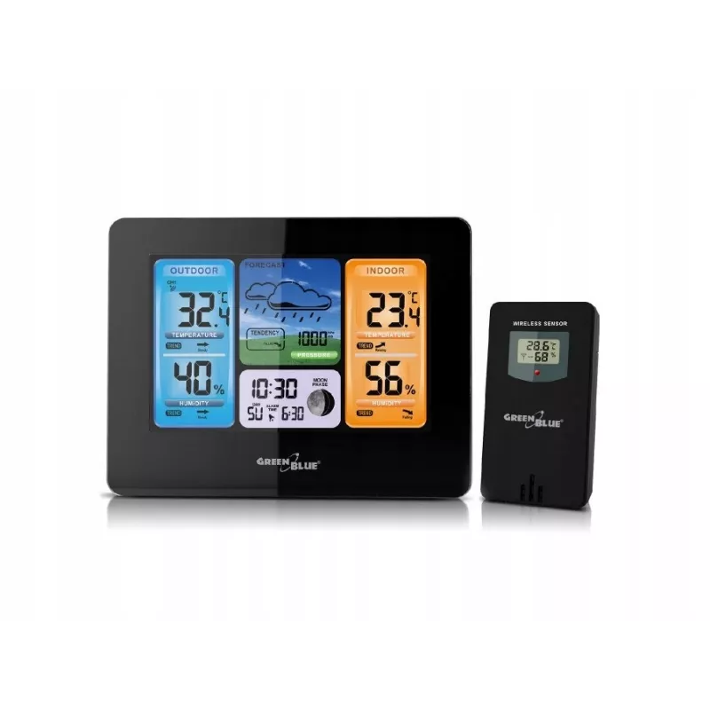 Cyfrowa stacja pogodowa GreenBlue GB526 Czarny — wewnątrz -20…60°C, zewnątrz -40…70°C, wilgotność -20…95%, zegar, faza księżyca