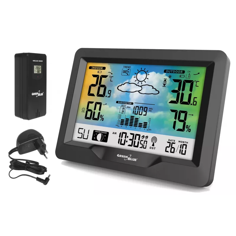 Hygrometer Thermometer GreenBlue GB540 — indoor 0–50°C / outdoor -20–65°C, zegar DCF, czujnik zewnętrzny 60 m, czarny