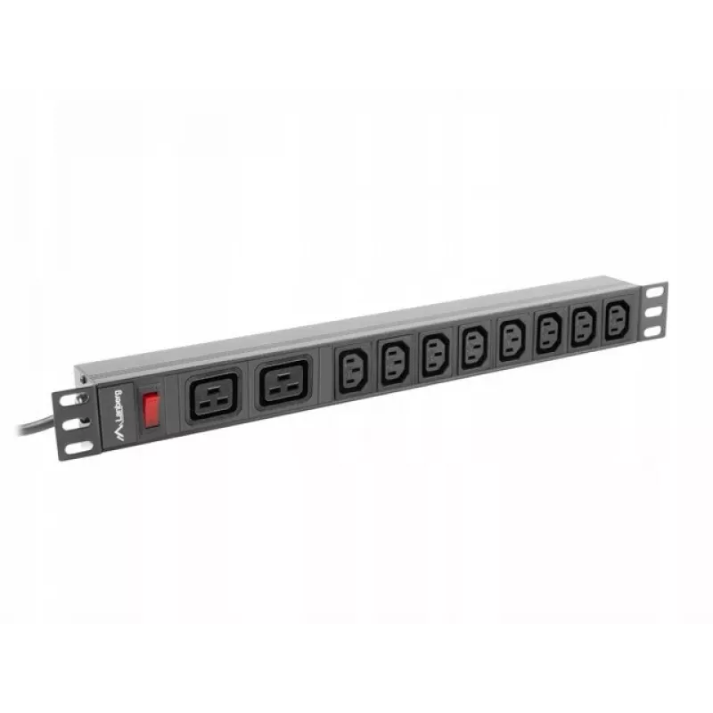 Zasilacz listwowy do montażu w szafie rack LANBERG PDU-02I1908I-0200-C20-BK — 1U, 10×C13, 16A, kabel 2 m, 19 cali