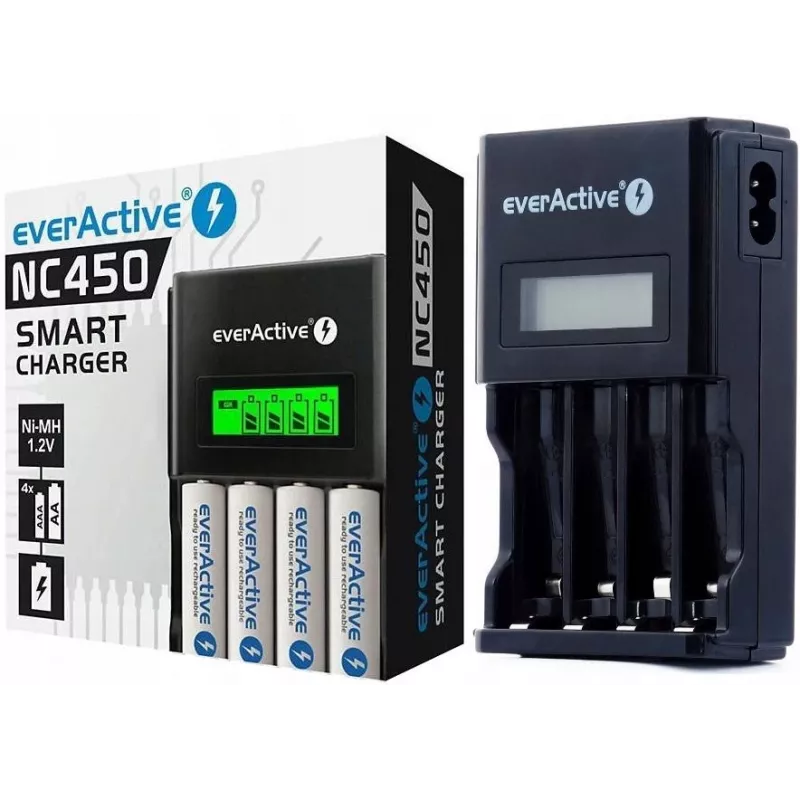 Ładowarka do akumulatorów everActive NC450B — ładowarka na 4 ogniwa AAA, 110/230 V AC, czarna