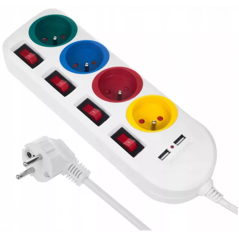 Listwa zasilająca MACLEAN MCE229W — 4 gniazda, 2× USB, kabel 1,5 m, typ F, 10 A, biała