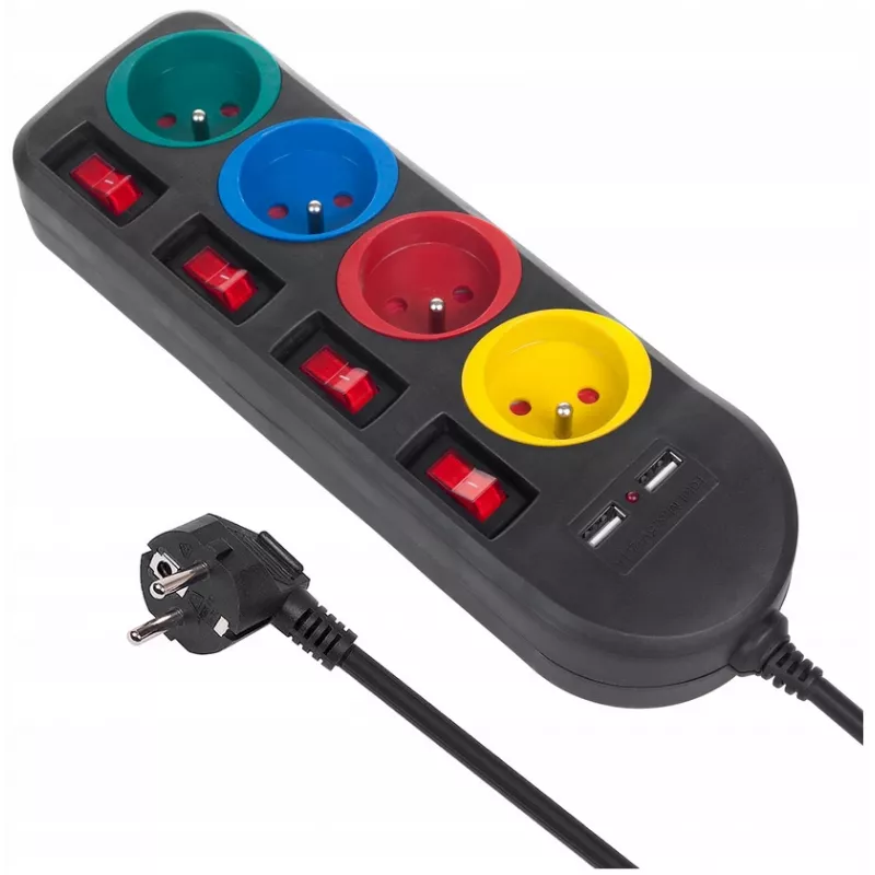 Listwa zasilająca MACLEAN MCE229B — 4 gniazda AC, 2× USB-A, kabel 1,5 m, 10 A, typ F, wewnętrzna, czarna