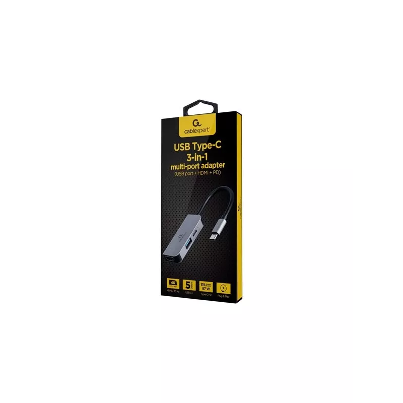 Przewodowa stacja dokująca do laptopa Gembird A-CM-COMBO3-02 — USB 3.2 Gen 1 Type-C, HDMI, USB-A, PD do 87 W, 3840×2160
