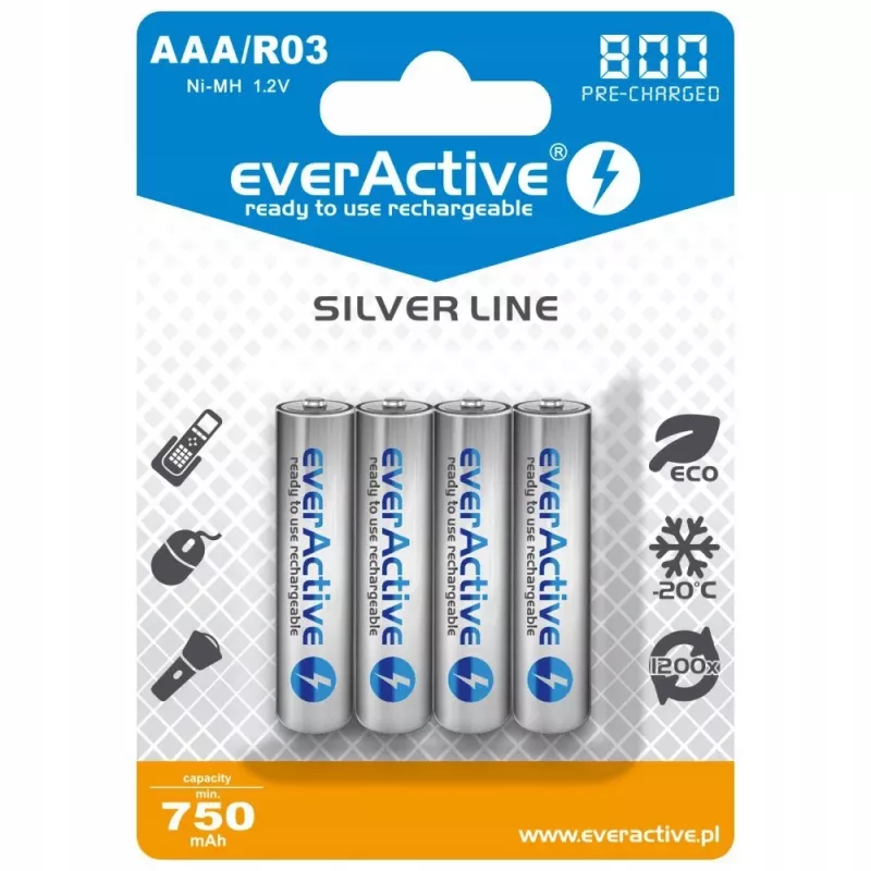 Akumulatorki AAA NiMH everActive EVHRL03-800 – 1,2 V, 4 szt., cylindryczne 44,5×10,5 mm