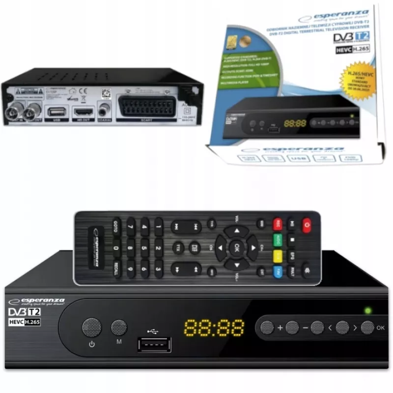 Dekoder ESPERANZA EV106R tuner kablowy DVB-T2 / DVB-C HEVC H.265, HDMI, USB, PVR, Dolby Digital, 174–790 MHz, czarny