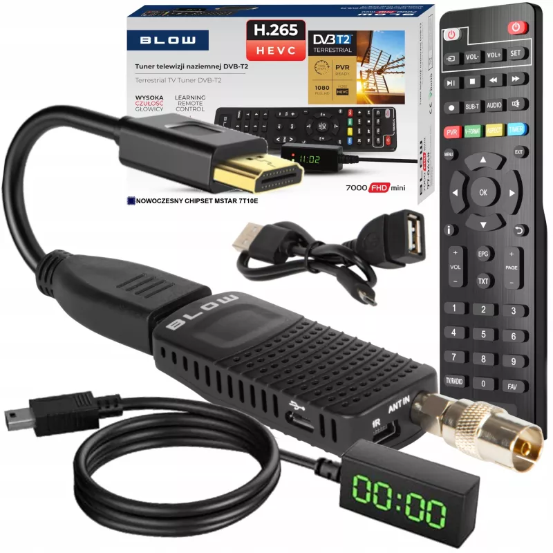 Tuner DVB-T2 BLOW 7000FHD MINI H.265 — kompaktowy naziemny odbiornik telewizyjny, HDMI, USB, S/PDIF, audio L/R, telegazeta