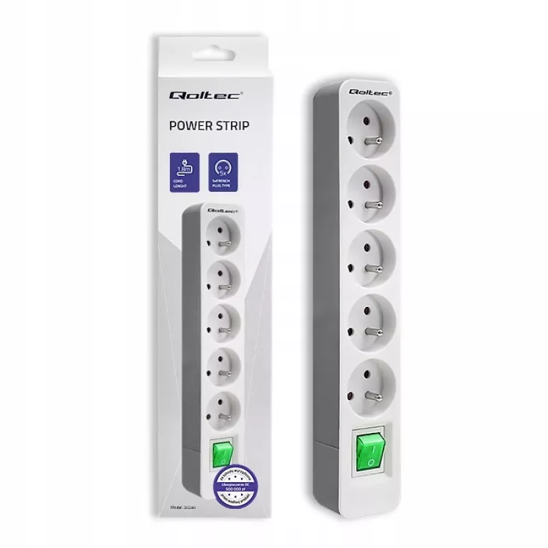 Listwa zasilająca Qoltec 50290 1,8 m, 5 gniazd AC, wewnętrzna, biała