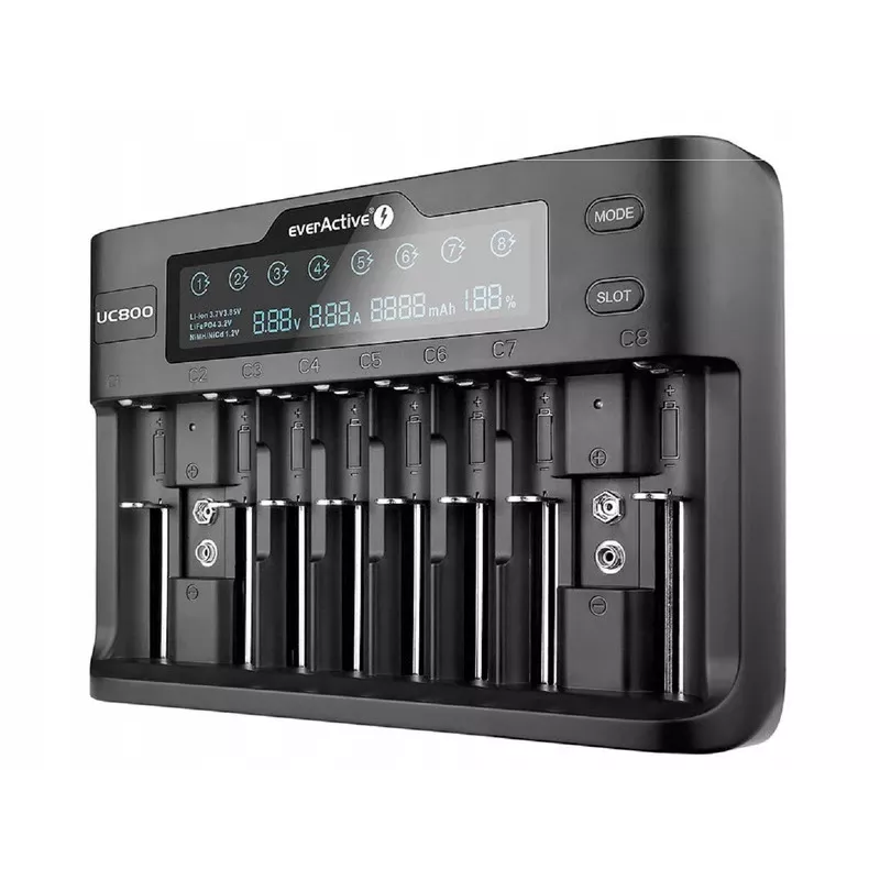 Ładowarka do akumulatorów everActive UC-800 AC 12V 3A — do LiFePO4/LiPo/NiMH, obsługuje AA/AAA/9V, do 10 akumulatorów, wejście 12 V, wbudowany wyświetlacz, czarna