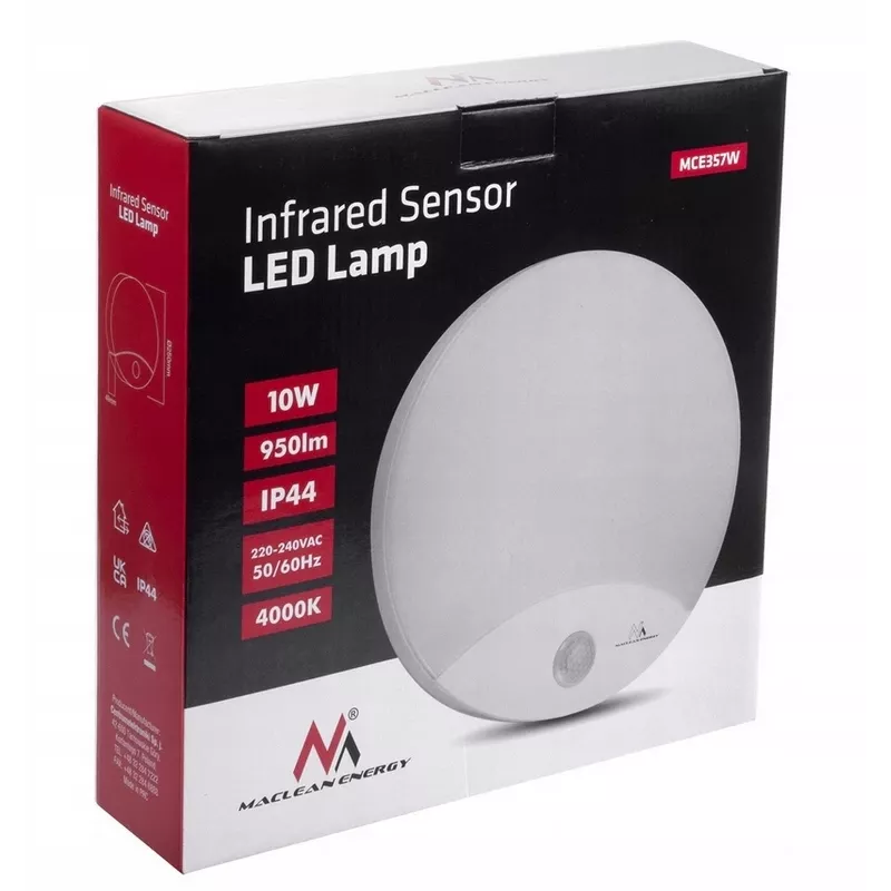 Lampa ścienna LED MACLEAN MCE357W z czujnikiem ruchu IR, biała, zewnętrzna/wewnętrzna