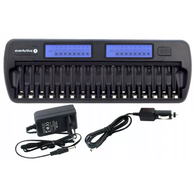 Ładowarka do akumulatorów everActive NC-1600 — uniwersalna ładowarka DC dla Li-Ion, obsługuje 16 ogniw, kompatybilne rozmiary AA/AAA/C, czarna, AC 100–240V 50–60Hz
