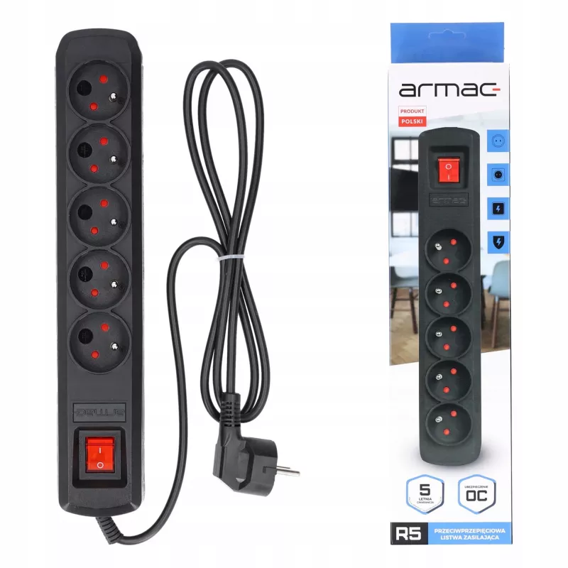 Listwa zasilająca ARMAC R5 — 5 gniazd, kabel 5 m, czarna