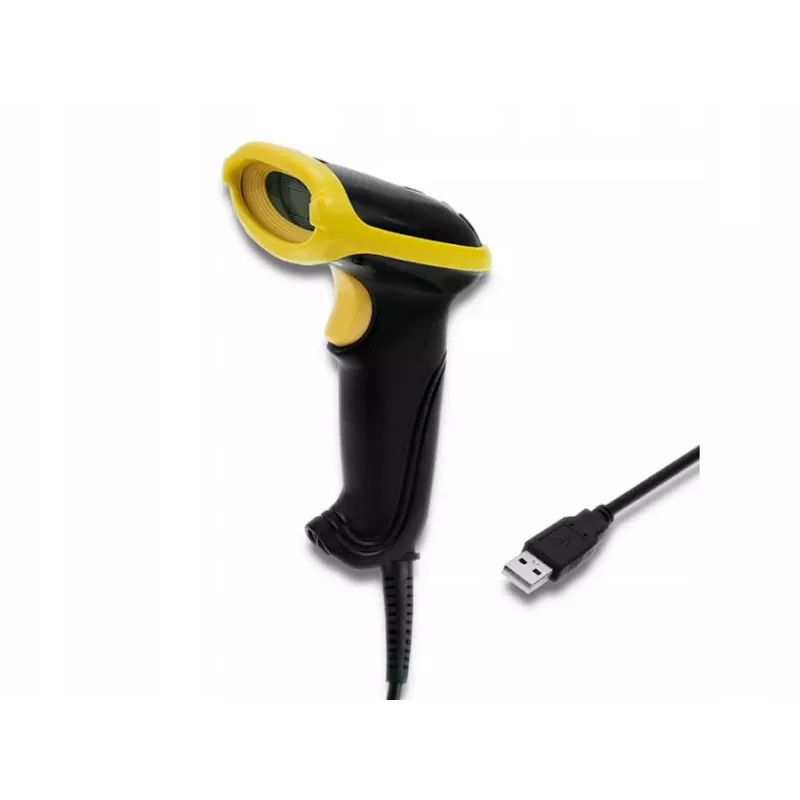 Ręczny czytnik kodów kreskowych QOLTEC 50867 — laserowy skaner 1D/2D, przewodowy USB, zasięg 600 mm, żółto-czarny
