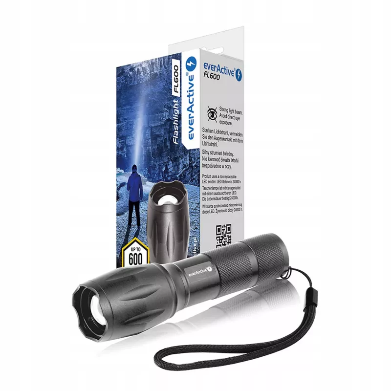 Latarka everActive FL600 — 600 lm, 10 W, obudowa aluminiowa, IPX4, 130 mm, 3×AAA, czerwona